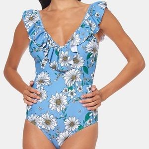 Jessica Simpson Blue Oopsie Daisy One-Piece Ruffle Shoulder Swimsuit Large